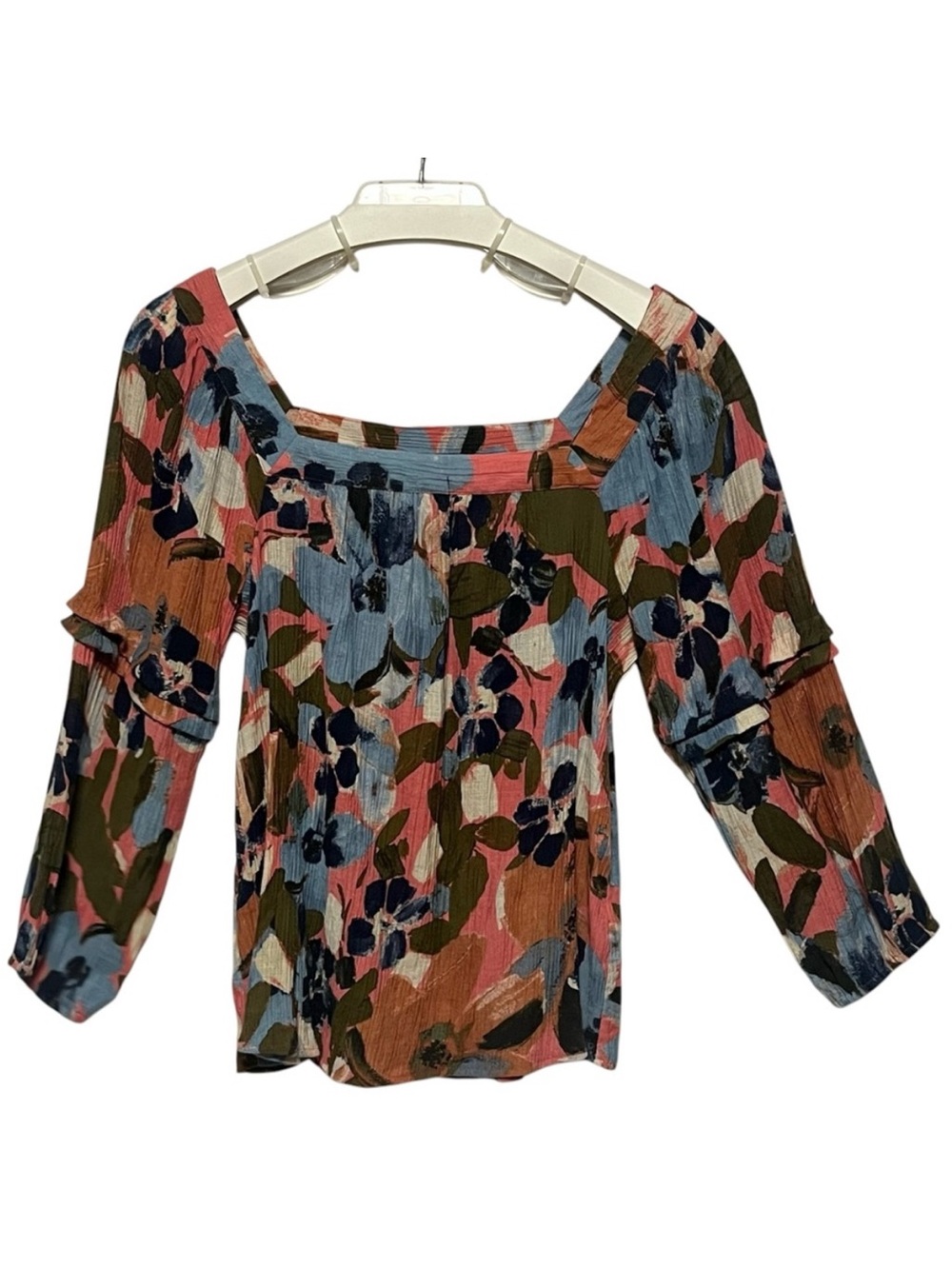 ZAC & RACHEL Floral Square Neck Blouse Tiered Ruffle Sleeve Top Size M